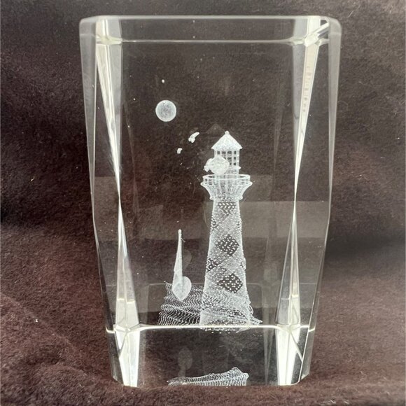 Laser Etched Crystal Cube Paperweight With Lighthouse & Sailboat Design 3" x 2" - Picture 2 of 2